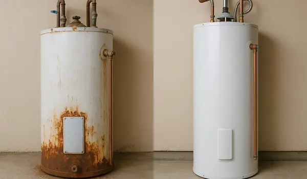 a rusted water heater next to a brand new water heater from Emergency Plumber San Marcos in San Marcos, TX - Faucet Replacement Services a rusted water heater next to a brand new water heater from Emergency Plumber San Marcos in San Marcos, TX - Faucet Replacement Services