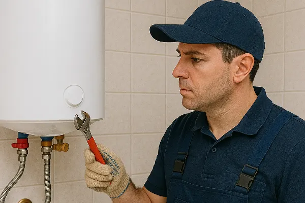 a male plumber working on a water heater mounted on the wall from Emergency Plumber San Marcos in San Marcos, TX - Faucet Replacement Services a male plumber working on a water heater mounted on the wall from Emergency Plumber San Marcos in San Marcos, TX - Faucet Replacement Services