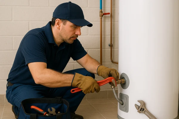 a male plumber working on a water heater connection from Emergency Plumber San Marcos in San Marcos, TX - Faucet Replacement Services a male plumber working on a water heater connection from Emergency Plumber San Marcos in San Marcos, TX - Faucet Replacement Services