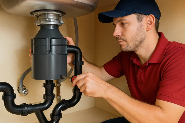 a male plumber using a screwdriver to fix a garbage disposal from Emergency Plumber San Marcos in San Marcos, TX - Faucet Replacement Services a male plumber using a screwdriver to fix a garbage disposal from Emergency Plumber San Marcos in San Marcos, TX - Faucet Replacement Services
