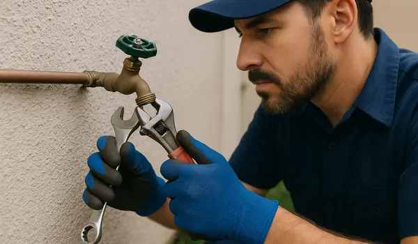a male plumber fixing an outdoor faucet from Emergency Plumber San Marcos in San Marcos, TX - Slab Leak Detection a male plumber fixing an outdoor faucet from Emergency Plumber San Marcos in San Marcos, TX - Slab Leak Detection