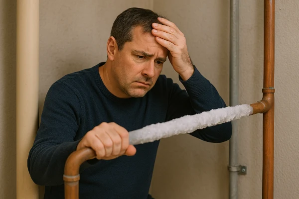 a worried plumber looking at a frozen pipe from Emergency Plumber San Marcos in San Marcos, TX - Slab Leak Detection a worried plumber looking at a frozen pipe from Emergency Plumber San Marcos in San Marcos, TX - Slab Leak Detection