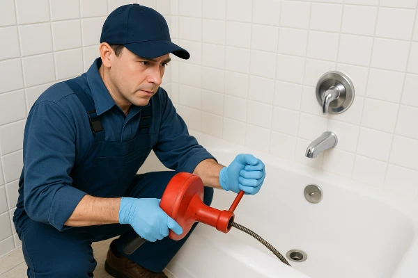 a plumber running a snake to clear a bathtub drain from Emergency Plumber San Marcos in San Marcos, TX - Slab Leak Detection a plumber running a snake to clear a bathtub drain from Emergency Plumber San Marcos in San Marcos, TX - Slab Leak Detection