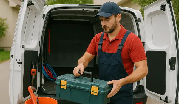 a plumbing technician putting his toolbox back in his van from Emergency Plumber San Marcos in San Marcos, TX - Toilet Replacement Services a plumbing technician putting his toolbox back in his van from Emergency Plumber San Marcos in San Marcos, TX - Toilet Replacement Services