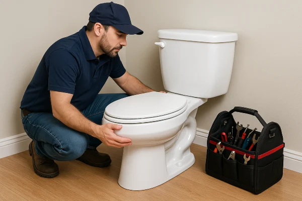 a plumber checking a toilet from Emergency Plumber San Marcos in San Marcos, TX - Toilet Replacement Services a plumber checking a toilet from Emergency Plumber San Marcos in San Marcos, TX - Toilet Replacement Services