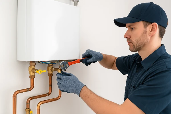 a plumber working on a tankless water heater from Emergency Plumber San Marcos in San Marcos, TX - Toilet Replacement Services a plumber working on a tankless water heater from Emergency Plumber San Marcos in San Marcos, TX - Toilet Replacement Services