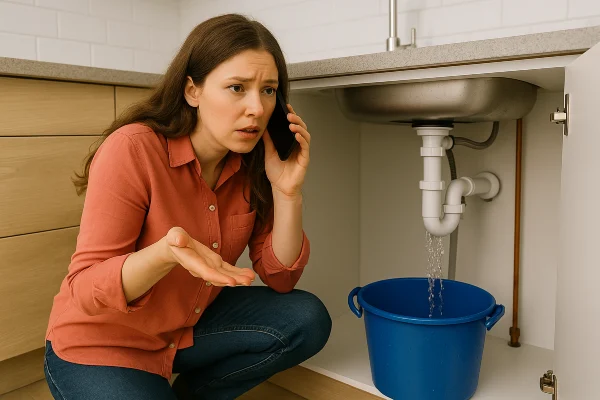 a woman on the phone about a water leak underneath her kitchen sink from Emergency Plumber San Marcos in San Marcos, TX - Toilet Replacement Services a woman on the phone about a water leak underneath her kitchen sink from Emergency Plumber San Marcos in San Marcos, TX - Toilet Replacement Services