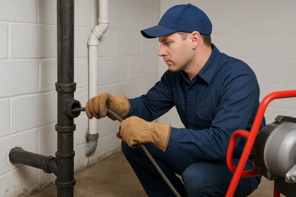 a plumber using a snake to clear a plumbing pipe from Emergency Plumber San Marcos in San Marcos, TX - Toilet Replacement Services a plumber using a snake to clear a plumbing pipe from Emergency Plumber San Marcos in San Marcos, TX - Toilet Replacement Services
